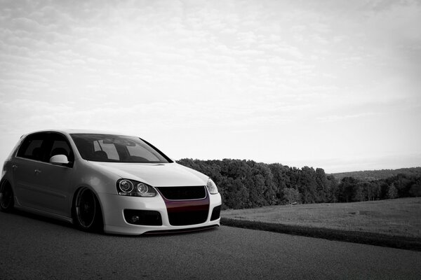 A white car on the asphalt near the forest