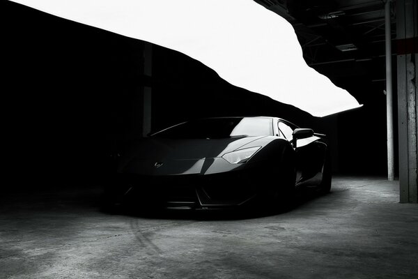 A black car against the background of a monochrome world