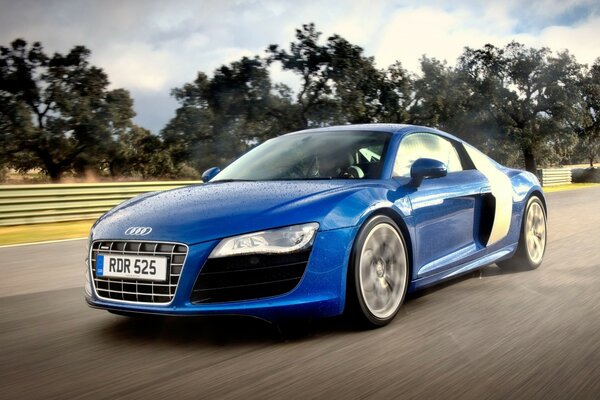 Blue Audi rushes along the highway