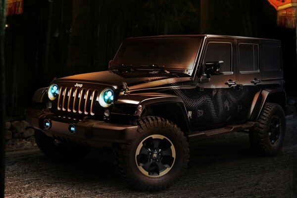 Black jeep with blue headlights