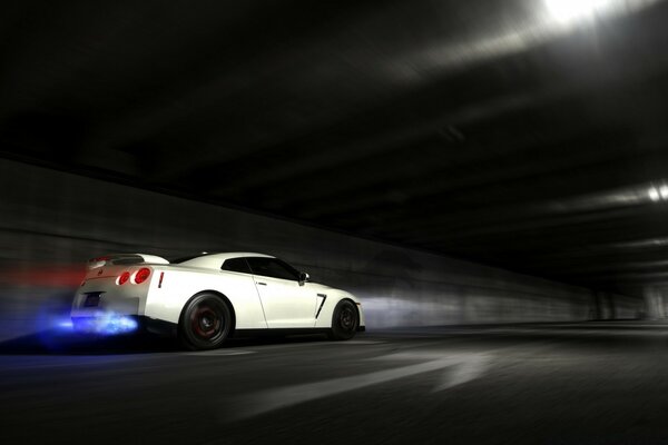 A flying white car drives through the tunnel