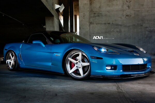 Beautiful blue car in the underground parking