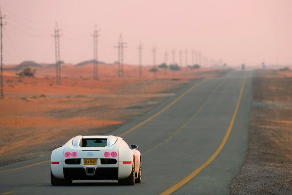 Desert landscape on the background of a white car