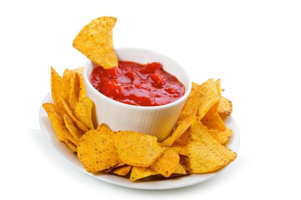 Chips with ketchup on the table