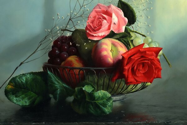 Still life of a rose with apples in a vase