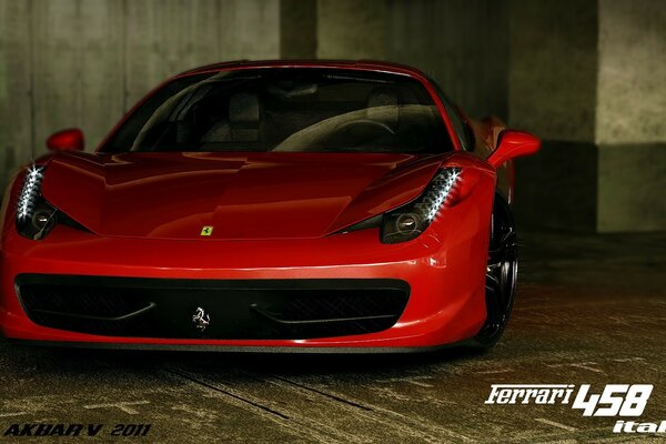 Car red Ferrari 458 Italia in the garage