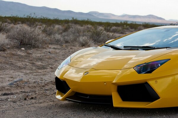 Carro esportivo amarelo no deserto