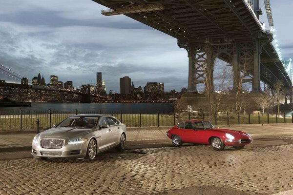 Gray and red cars under the bridge