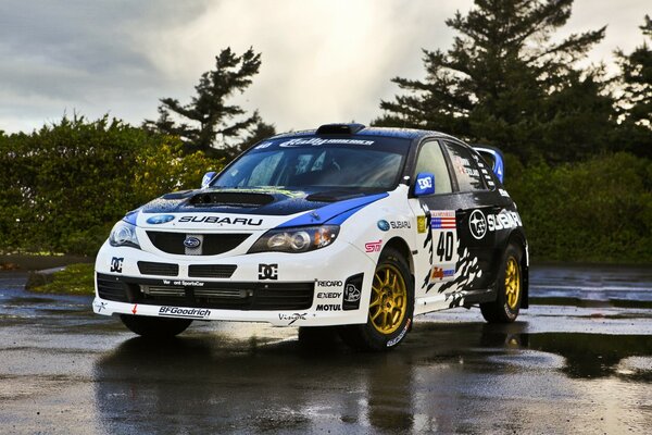 Sports white and black Subaru racing car