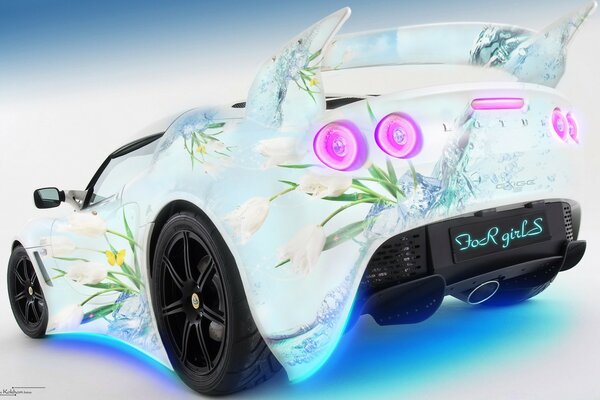 Sporty white car with flowers and neon blue backlight