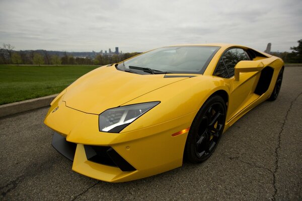 Yellow spotrivnaya car in the afternoon