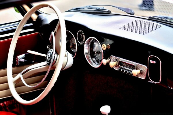 Steering wheel and control panel of an old car