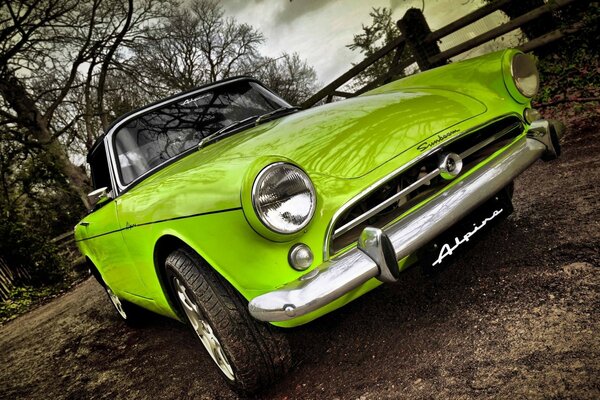 Green retro car on the farm