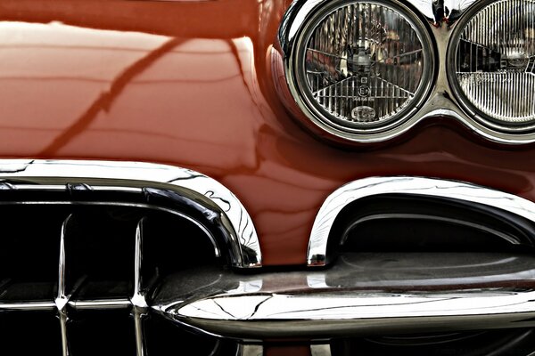 Headlights of a red retro car