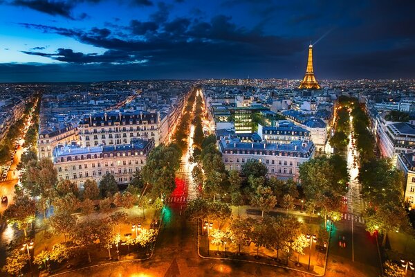 View of the evening city streets from above