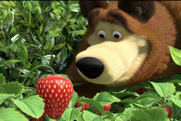 Cartoon-Mischa entdeckte Erdbeeren