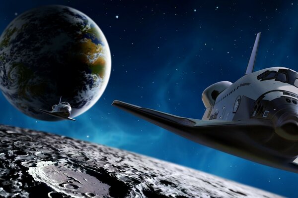 Astronavi volano via lasciando la terra