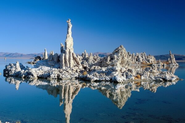 A snowy island among blue water