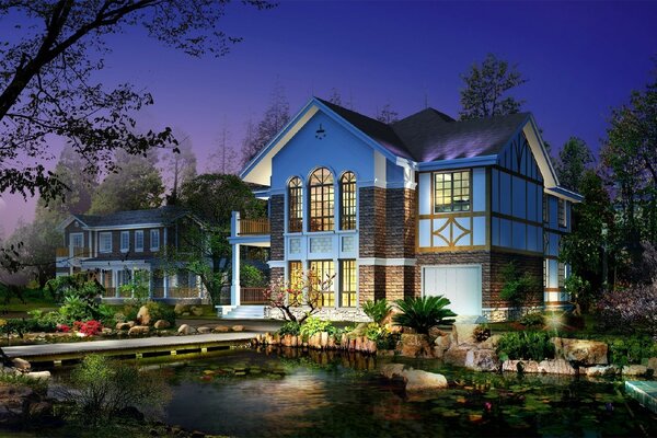 Blue house by a small pond