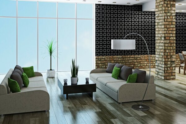 Two white sofas with green cushions
