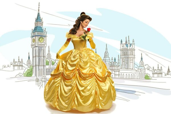 Princesa em vestido dourado cheira uma rosa