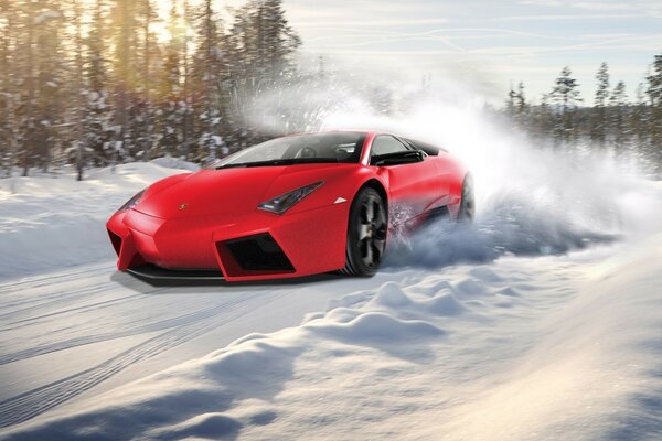 Computer graphics Lamborghini in a snow drift