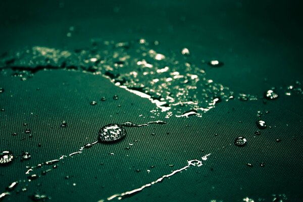Macrofoto gotas en un impermeable verde
