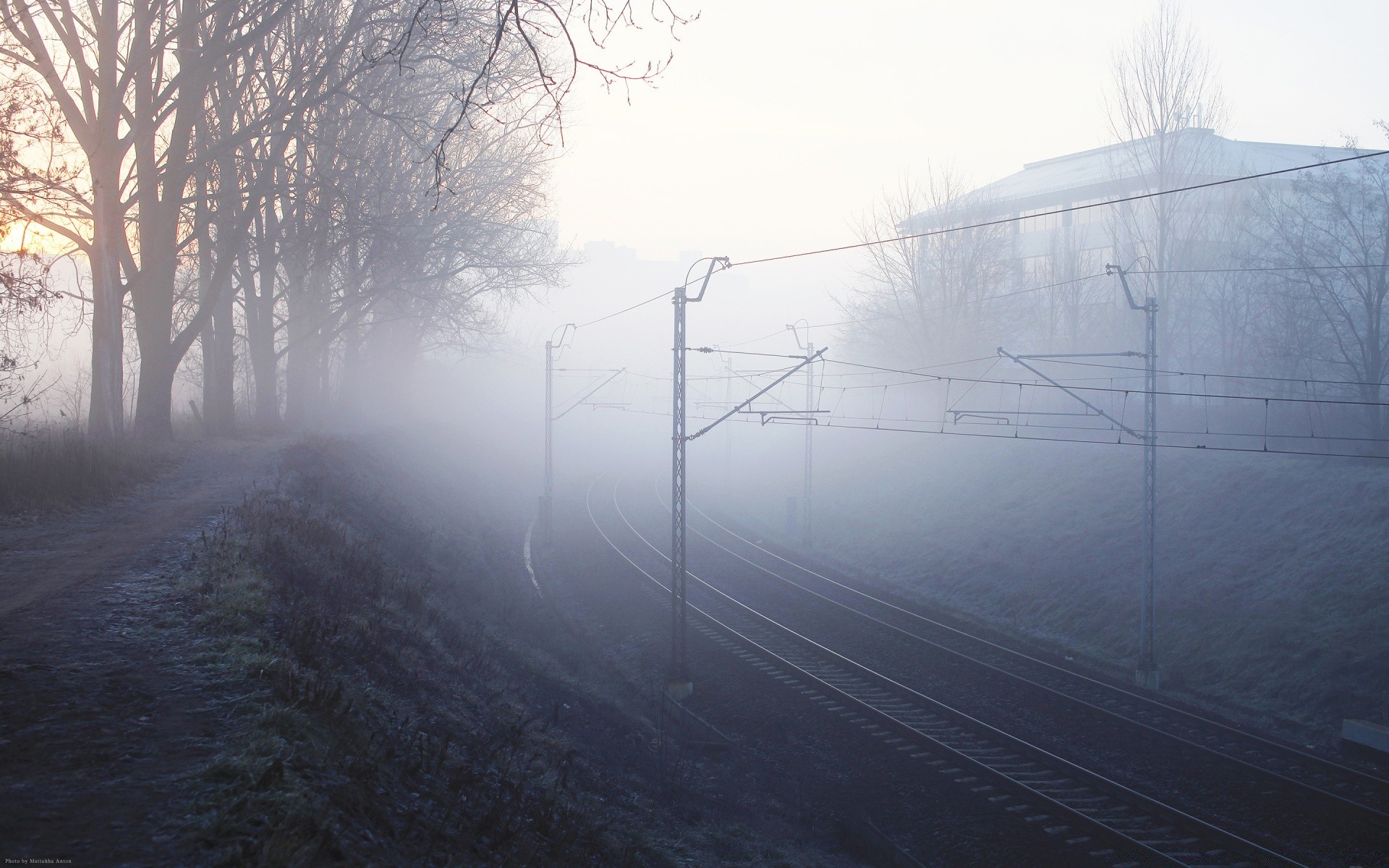 trains fog mist winter landscape dawn sky nature light snow weather cold environment tree outdoors road dark transportation system