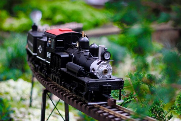 A toy train going through the trees