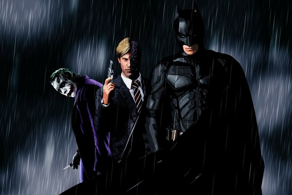 Batman, Agent und Joker im Regen