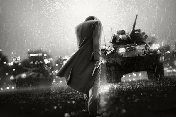 Image of Batman in front of tanks and cars