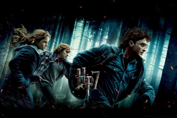 Harry Potter, Ron und Hermine laufen durch den dunklen Wald