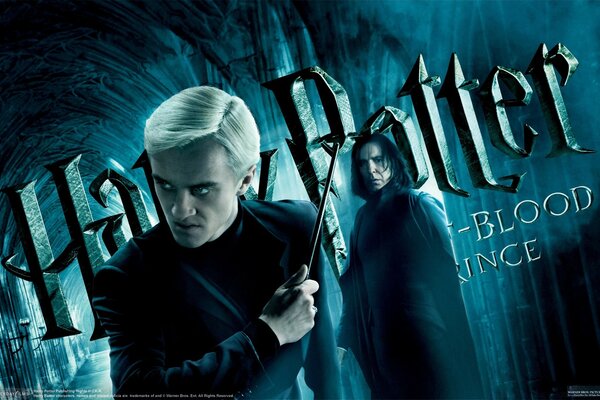 Malfoy y Snape en el fondo de la inscripción Harry Potter 