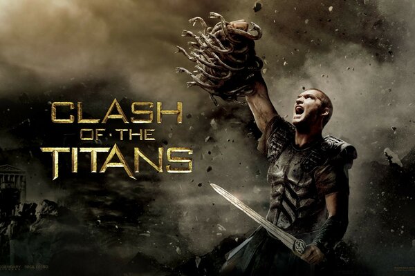 Perseus with the head of medusa in his hand. The action movie Wrath of the Titans .