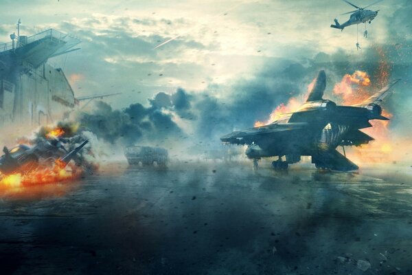 The First Avenger, a car and military planes on fire