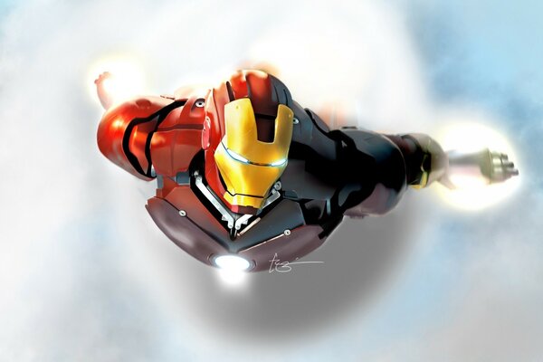 Iron Man is flying in the sky