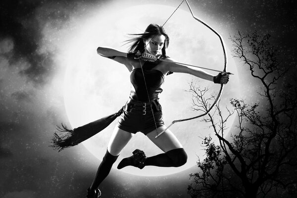 FILLE ARCHER EN ACTION SUR FOND DE LUNE