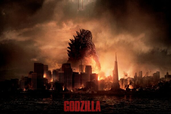 Godzilla filmindeki resim. Godzilla gün batımında şehirde