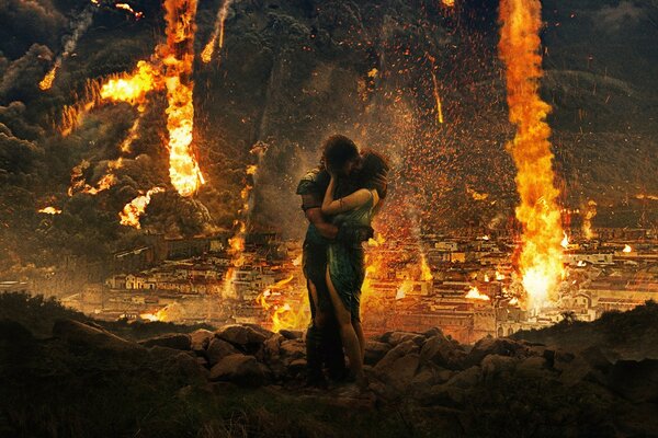 A man and a girl on the background of a volcanic eruption