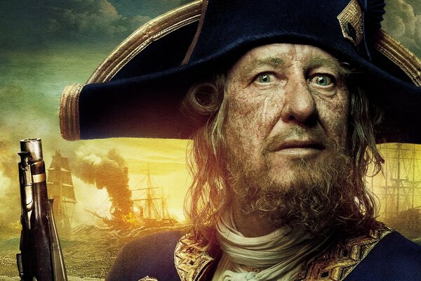 Capitaine du film Pirates des Caraïbes sur fond de navires en feu