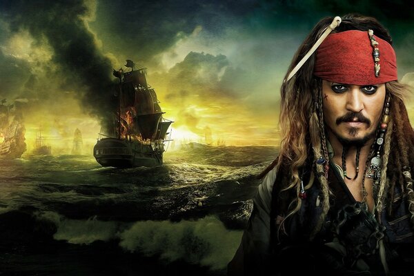 Kapitan Jack Sparrow na tle płonącego statku