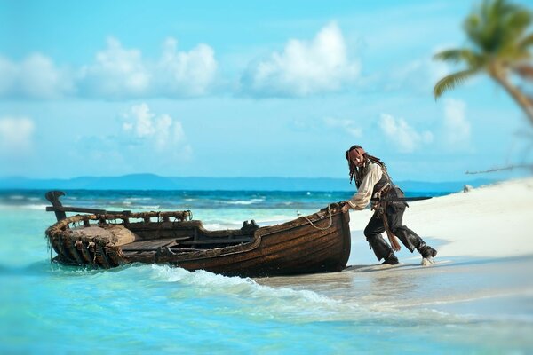 Jack Sparrow pushes the boat