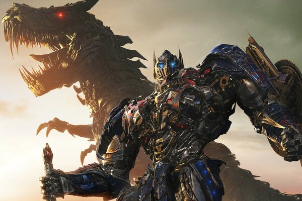 Transformers em combate juntos dinossauro