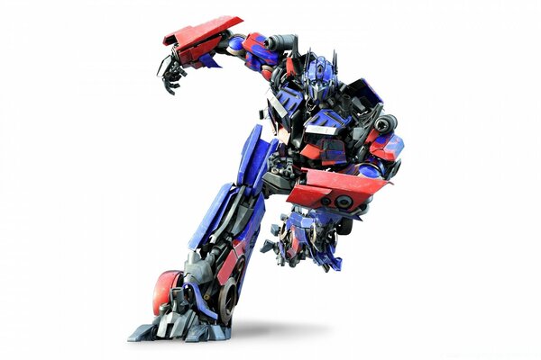 Optimus Prime in motion on a white background