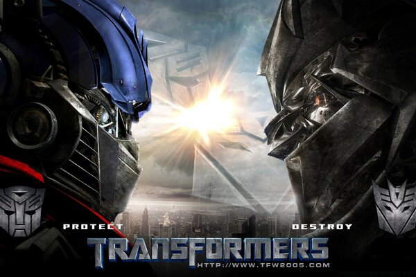 Optimus Prime and Megatron confront each other