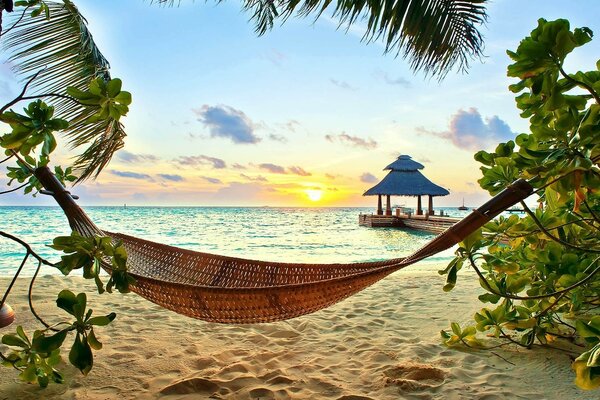 Amaca sullo sfondo di una spiaggia tropicale