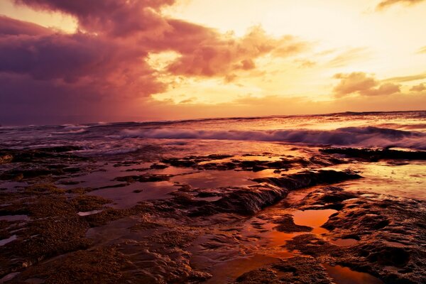 Dusky sunset on the background of the sea