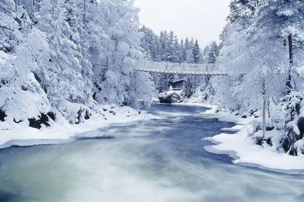 Winterlandschaft der Brücke über den Fluss