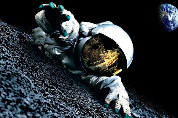 An astronaut crawls on the moon against the background of the planet Earth