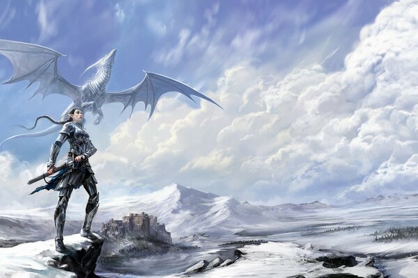 A militant girl on the background of a soaring dragon